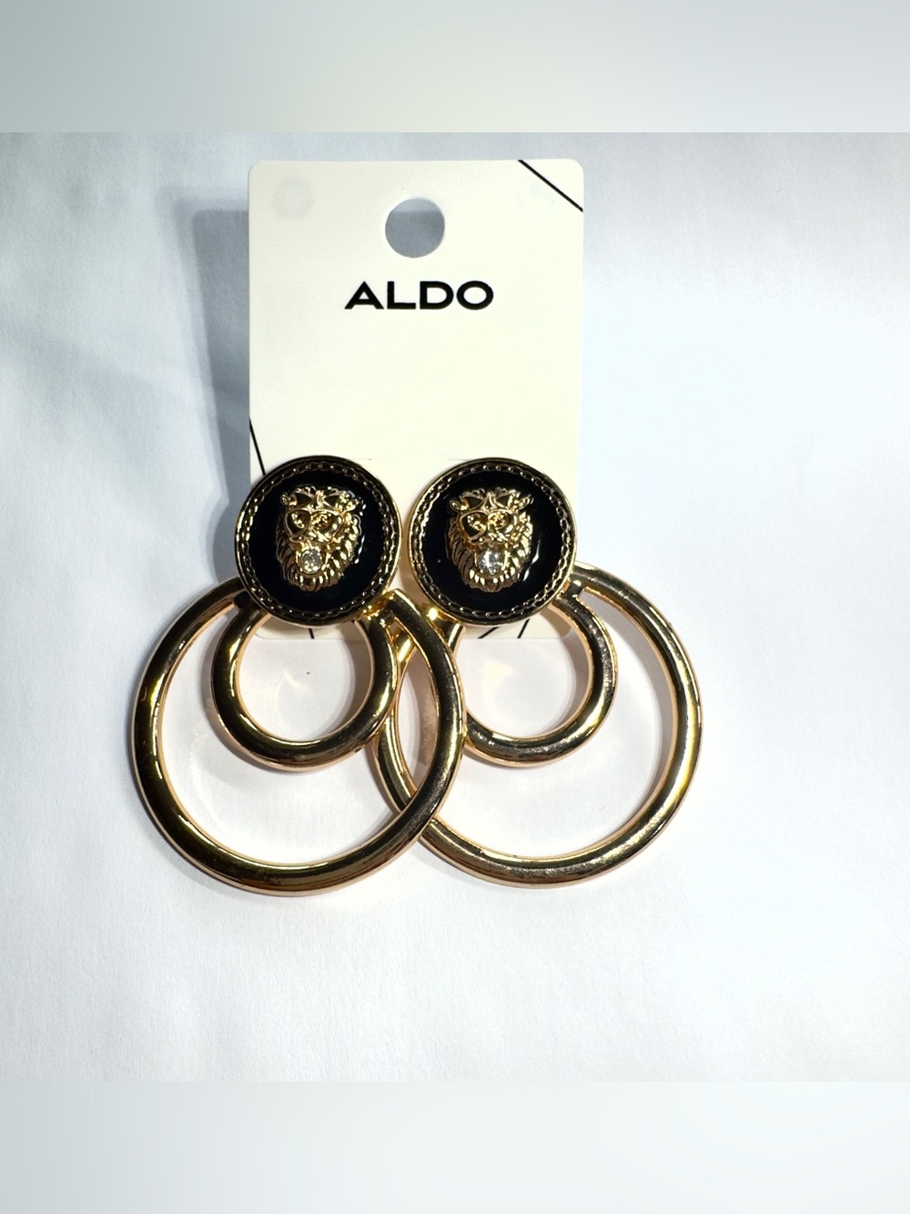 Aldo Gold Double Hoop Earrings with Black Lion Medallions
